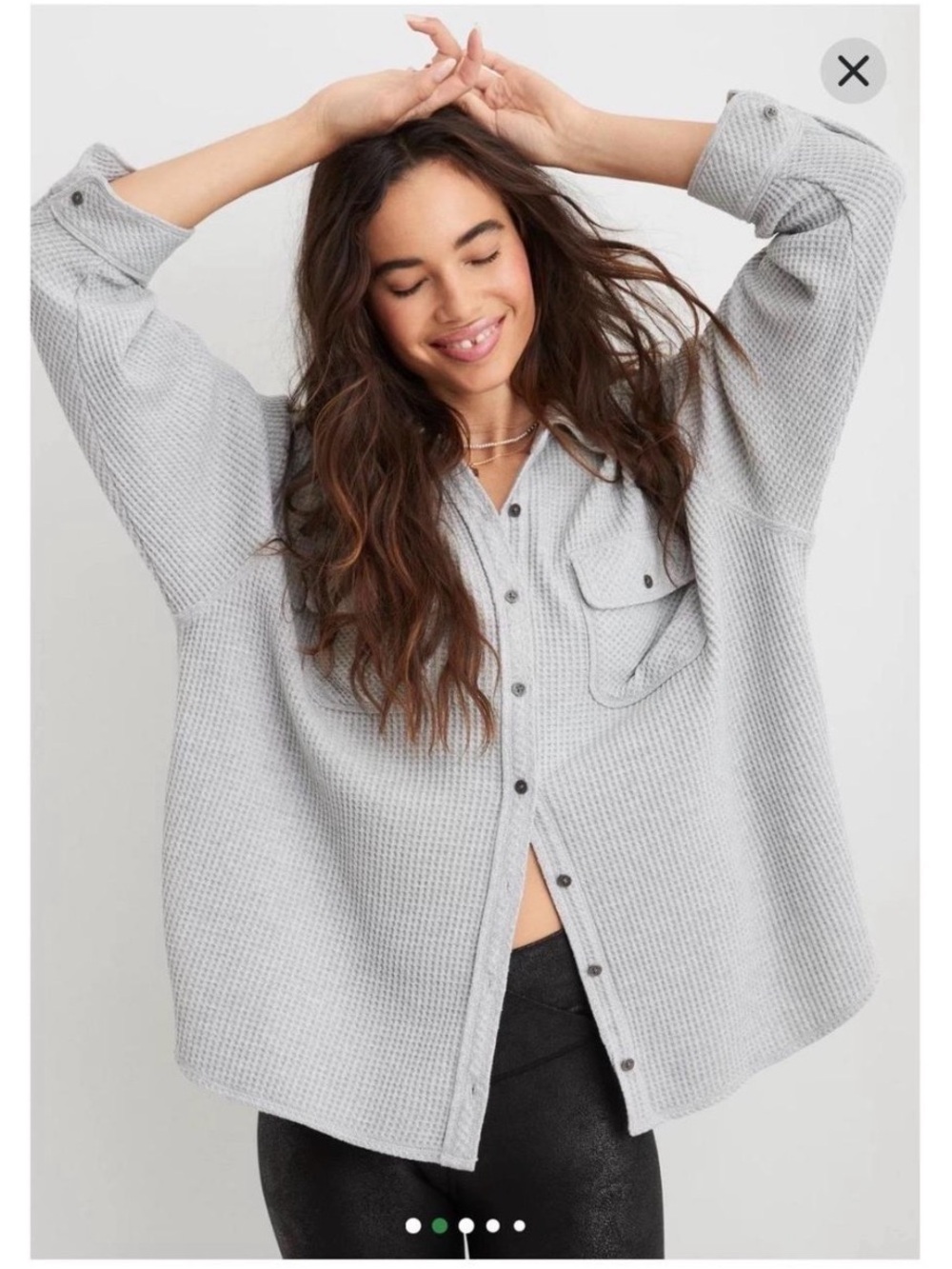 Arie lumber Jane Light Gray Waffle Knit Button-Up Shacket